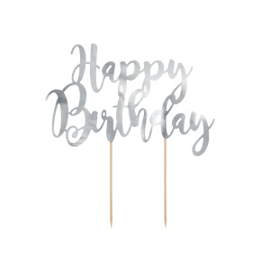 Topper na tort Happy Birthday, srebrny, 22,5cm