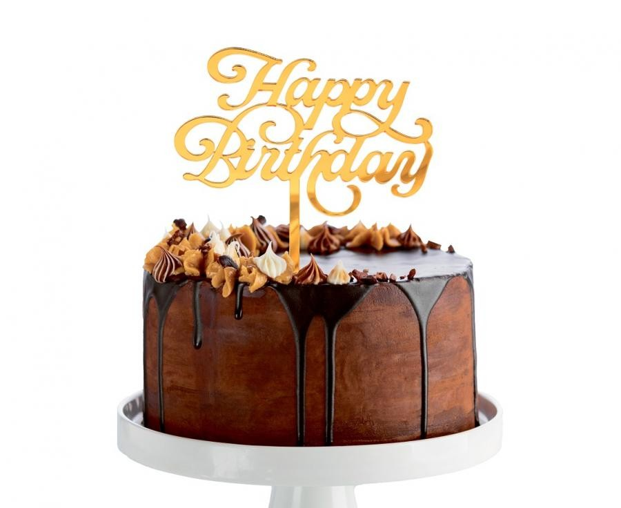 Topper na tort Happy Birthday, złoty, 11x15 cm - obrazek 2