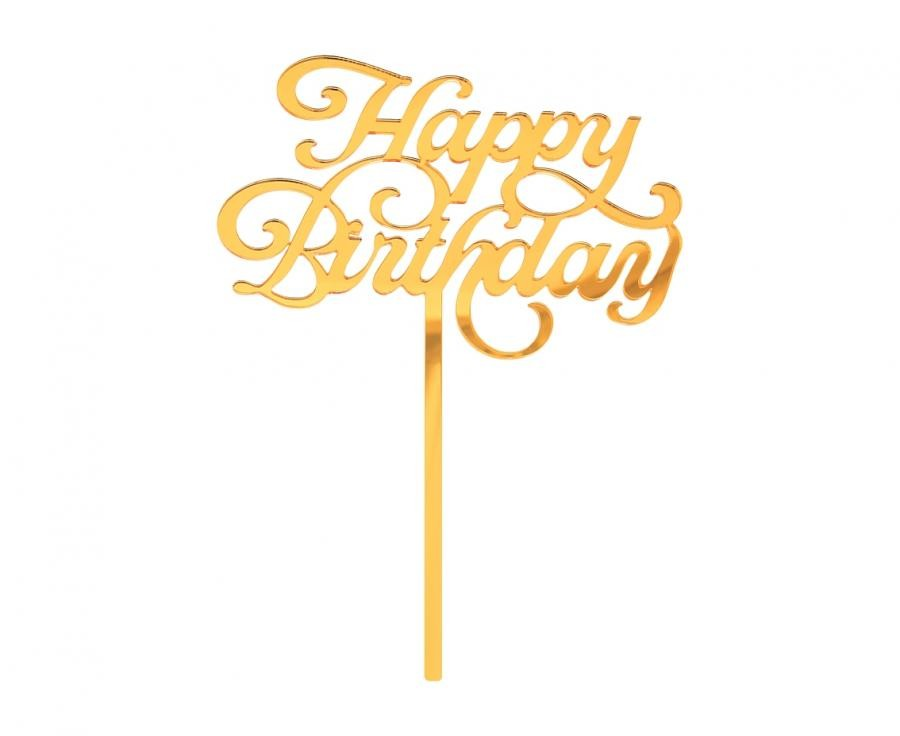 Topper na tort Happy Birthday, złoty, 11x15 cm